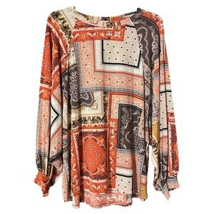 White Birch Women's Multi Patchwork Boho Long Sleeve Pullover Flowy Boho‎ Top 2X